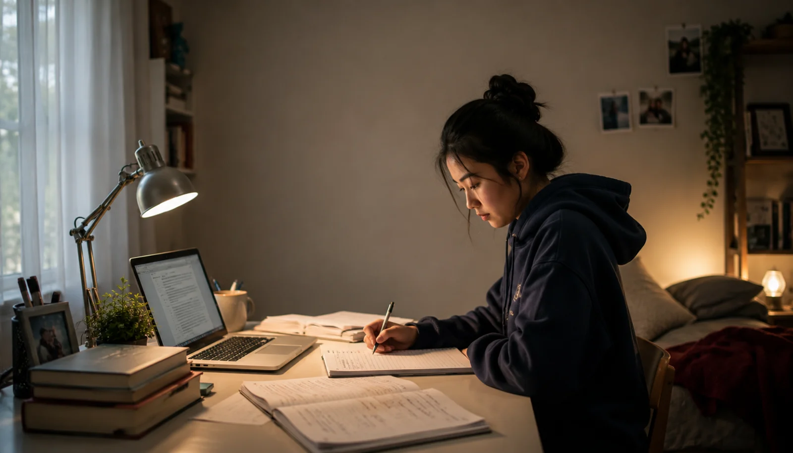 Student revising college essay drafts at a desk